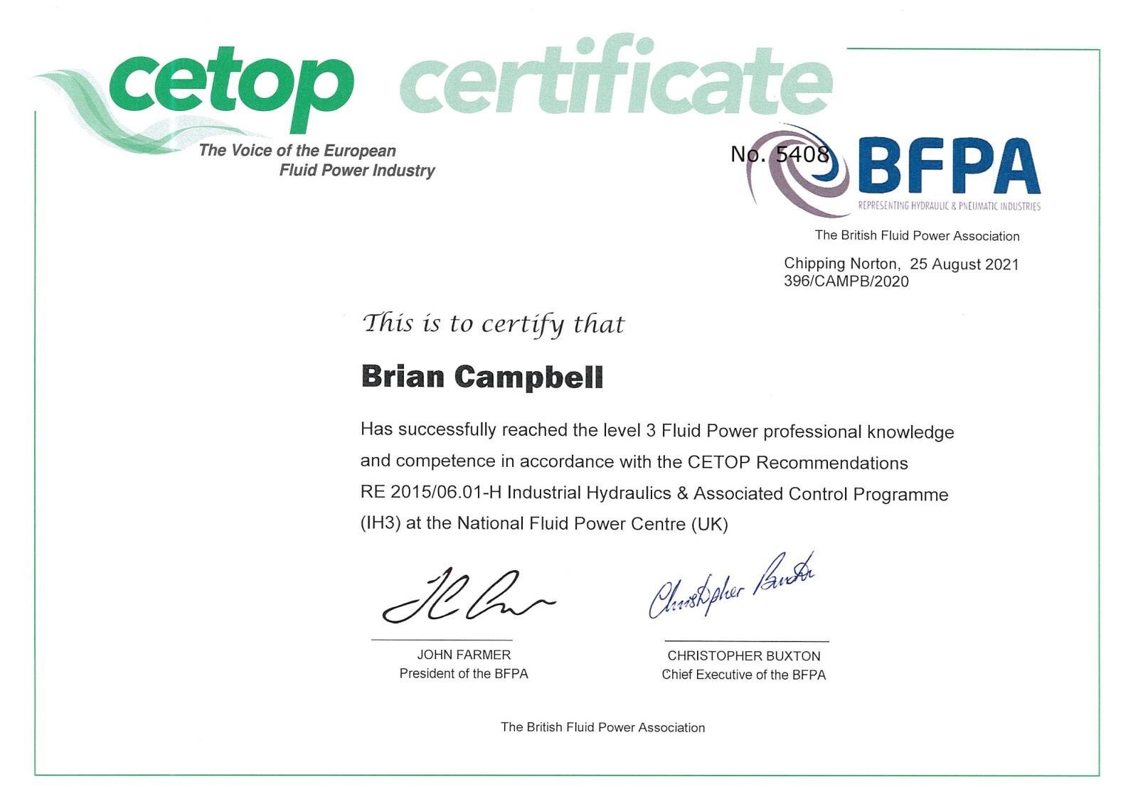 Brian Campbell – Awarded Cetop Level 3